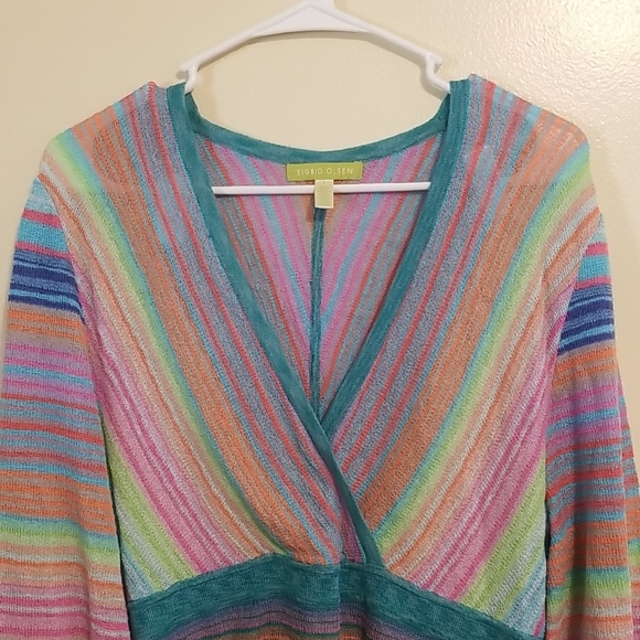 Sigrid Olsen Colorful Striped Fine Knit V-Neck Tunic Top Art To Wear Size Large - Picture 1 of 12